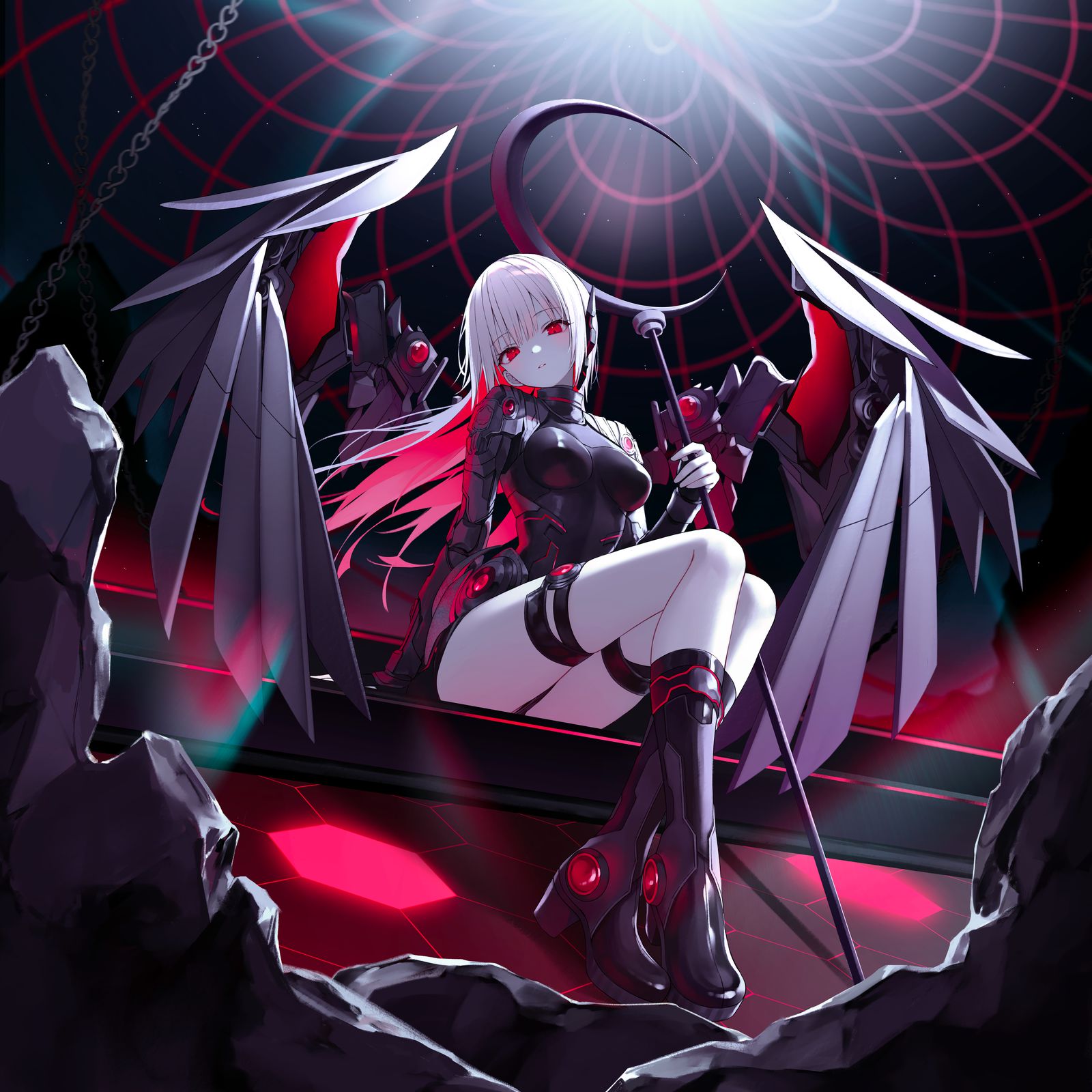 INNER VOID イラスト：翼を持つ白髪の少女が、赤く光る六角形の床の上で杖を手に腰掛けている
